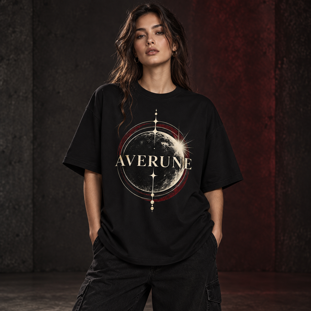 Model wearing the black AVERUNE Eclipse Oversized Tee