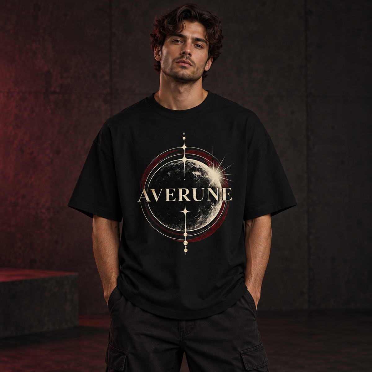 Male model wearing the black AVERUNE Eclipse Oversized Tee
