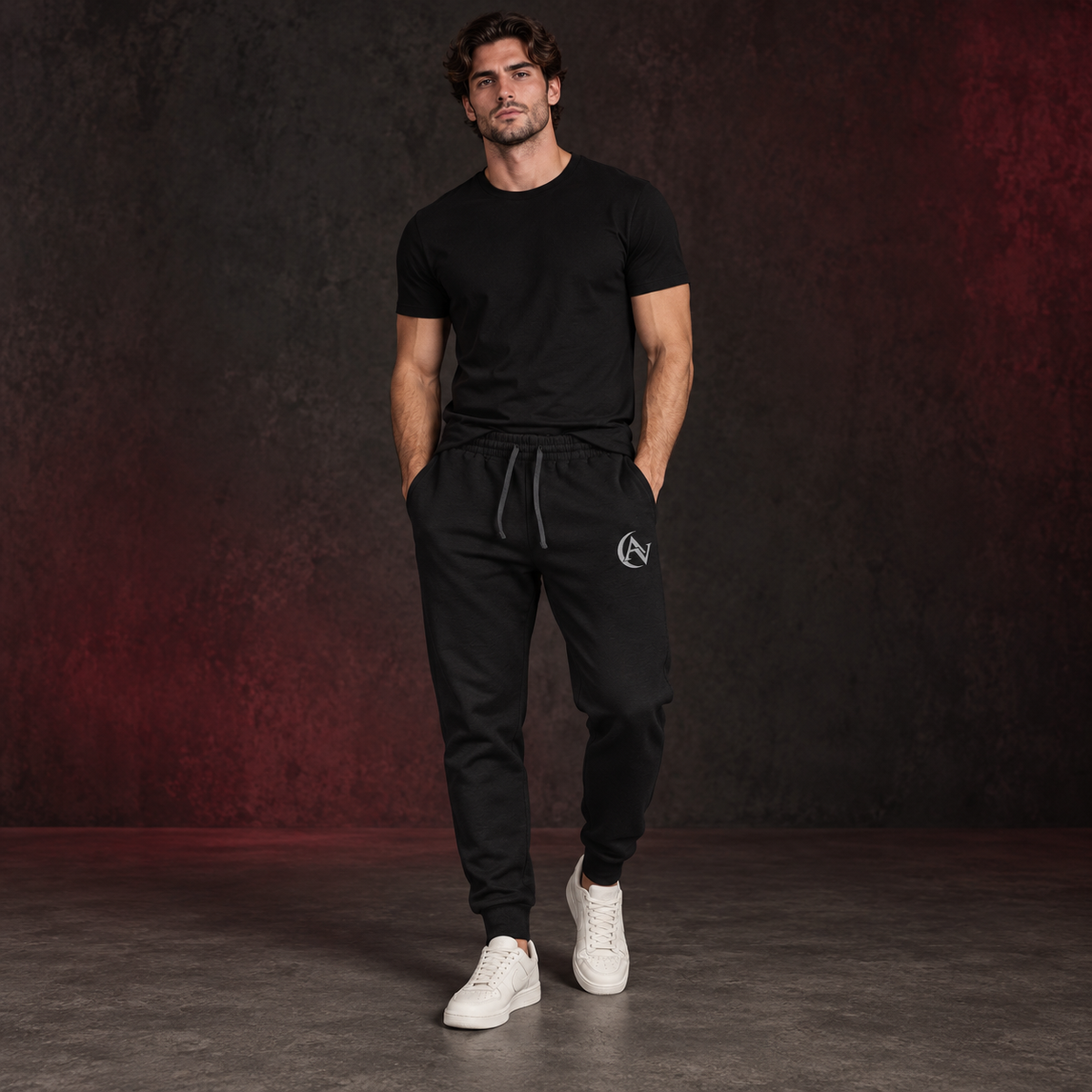 Model wearing the black AVERUNE Signature Unisex Joggers