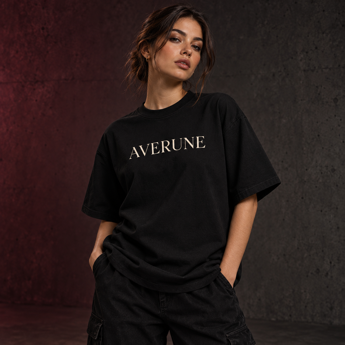 Model wearing the black AVERUNE Lunar Heavyweight T-Shirt