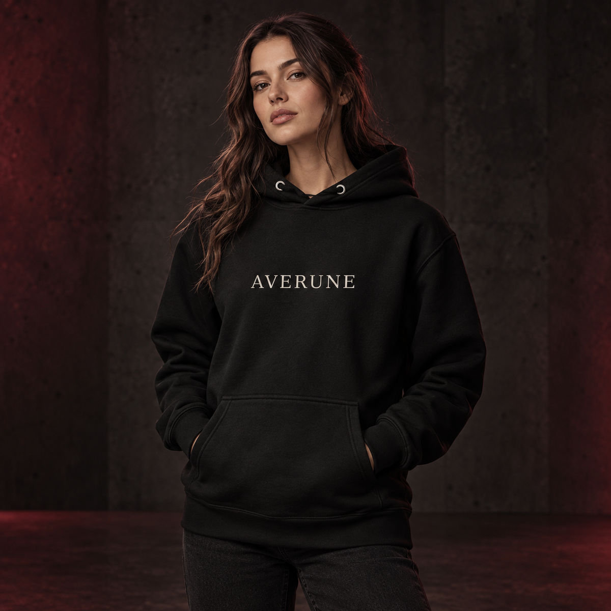 Female model wearing the black AVERUNE Lunar Premium Hoodie