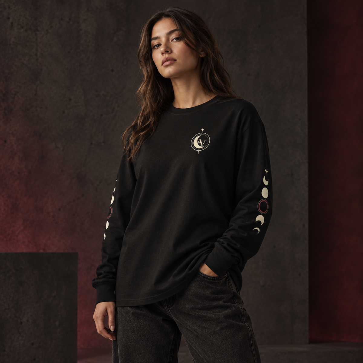 Female model wearing the black AVERUNE Orbit Heavyweight Long Sleeve