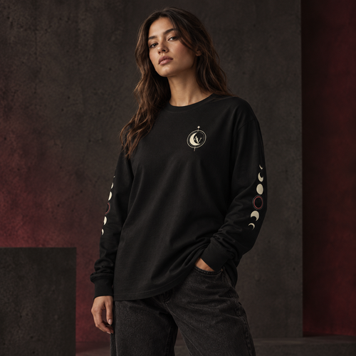 Female model wearing the black AVERUNE Orbit Heavyweight Long Sleeve