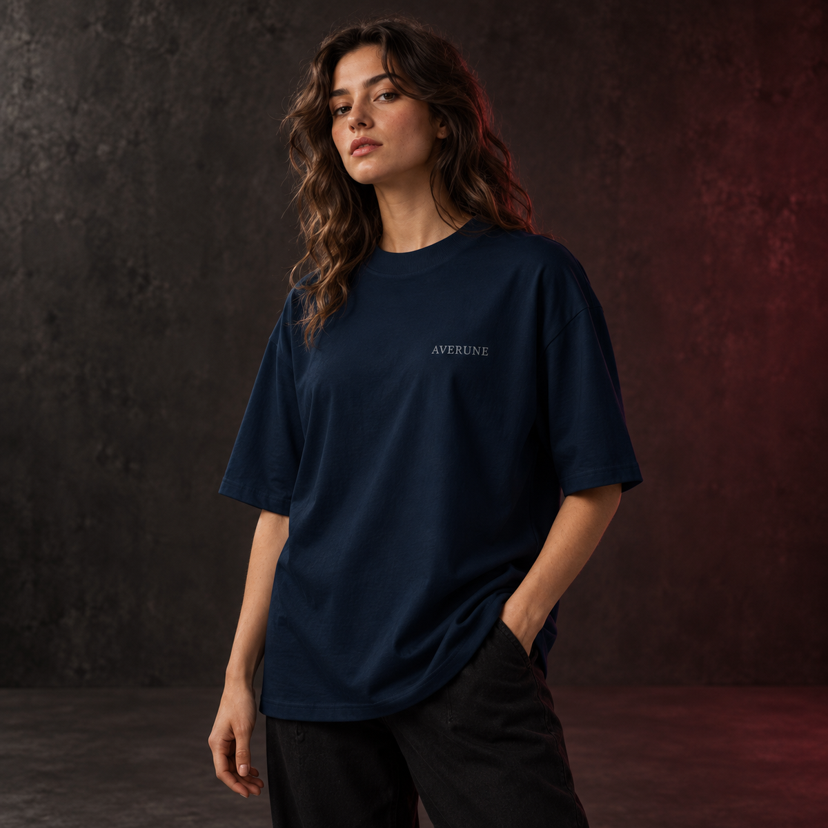 Model wearing the French navy AVERUNE Organic Oversized T-Shirt