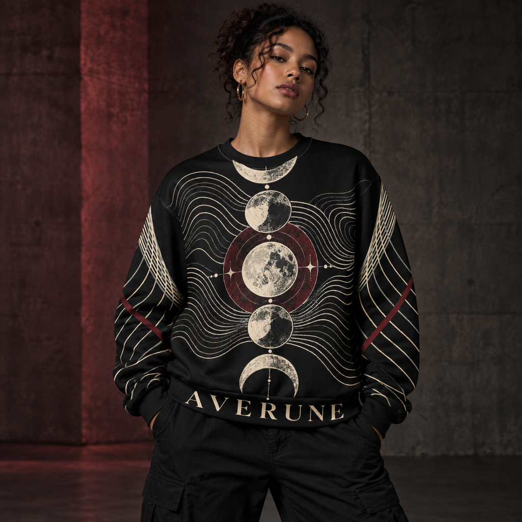 Model wearing the black AVERUNE Phase Crew oversized celestial sweatshirt
