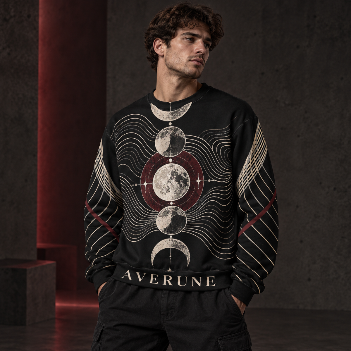 Male model wearing the black AVERUNE Phase Crew oversized celestial sweatshirt