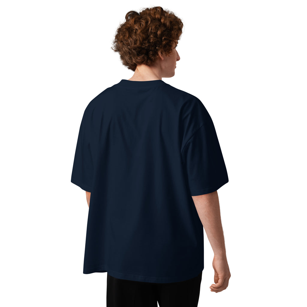 Side view of the AVERUNE organic oversized T-shirt in French Navy