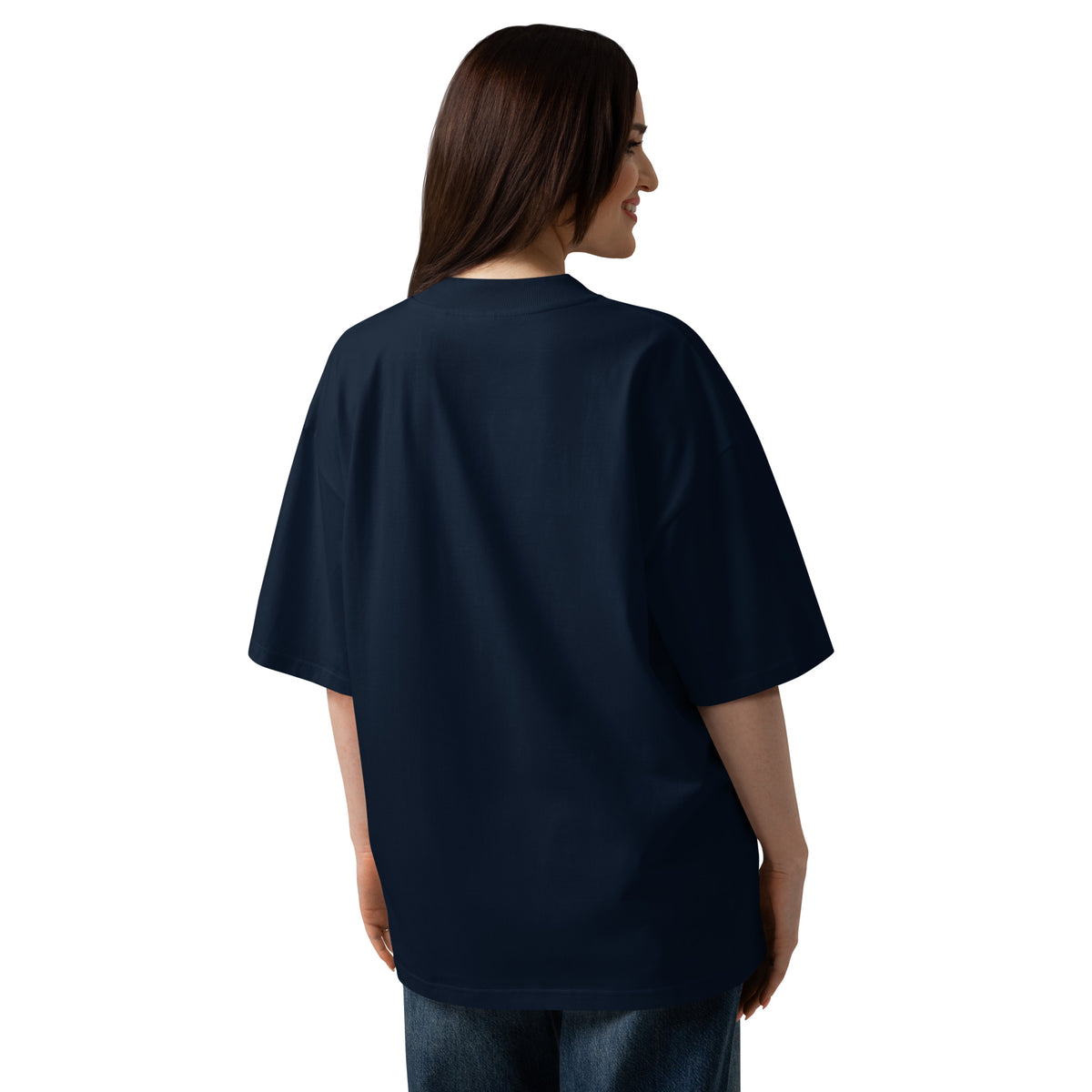 Model wearing the AVERUNE organic oversized T-shirt in French Navy, back view