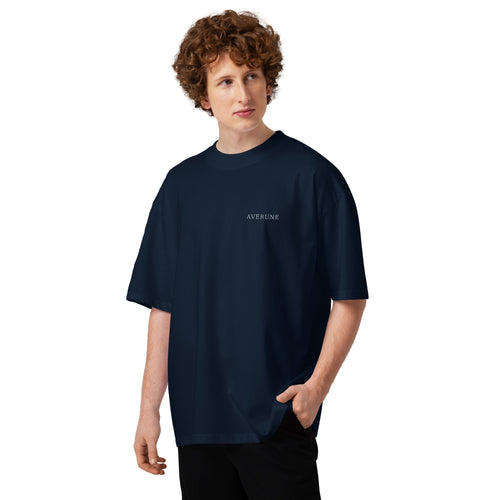 Front view of the AVERUNE organic oversized T-shirt in French Navy with tonal left-chest embroidery