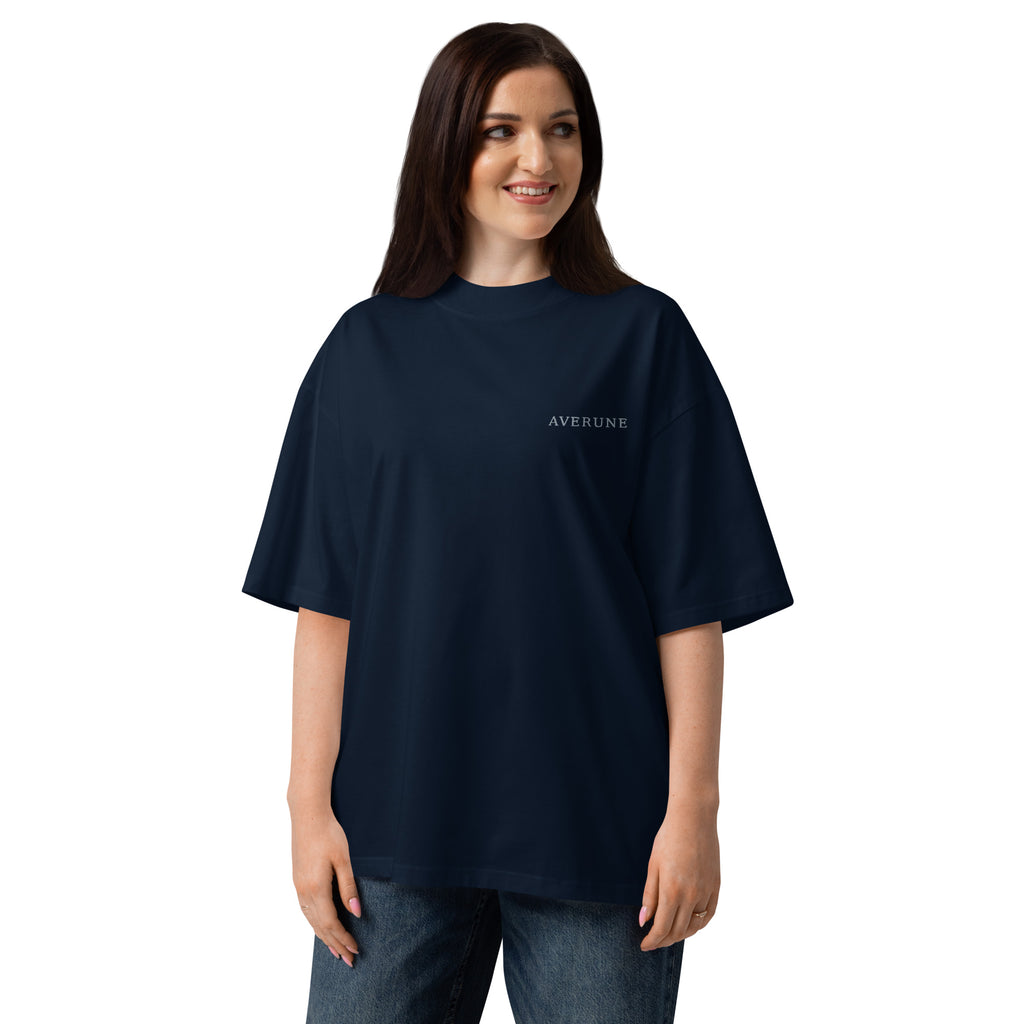 Model wearing the AVERUNE organic oversized T-shirt in French Navy, front view